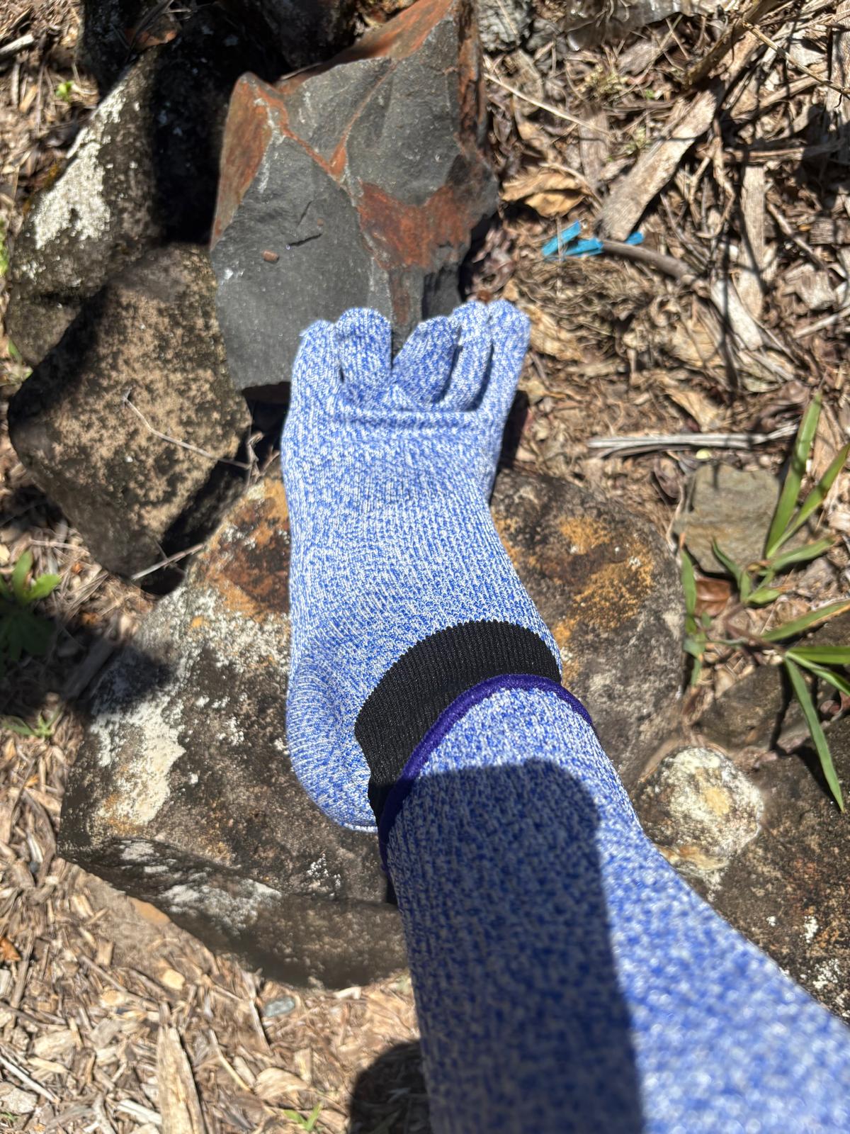 Hand wearing a blue glove holding a rusty metal object on a rocky ground.